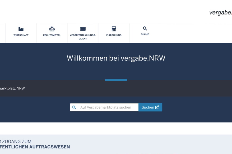 Die Startseite des Vergabeportals NRW: Hier können Unternehmen öffentliche Aufträge effizient und transparent einsehen und verwalten.