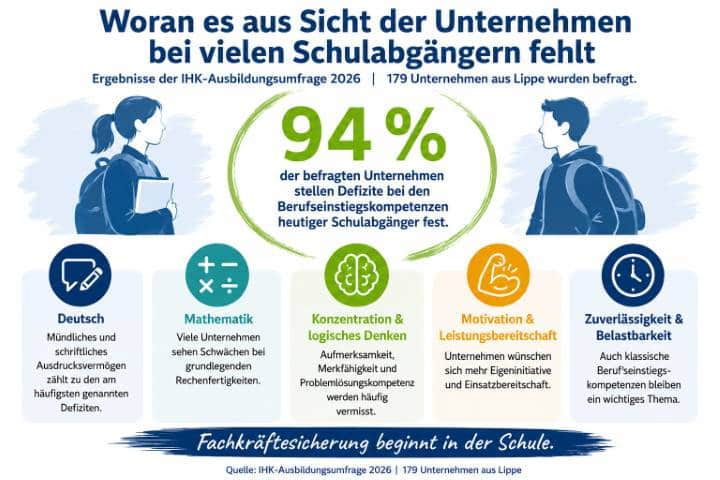 Fachkr&auml;ftesicherung beginnt in der Schule:Die Grafik der IHK Lippe schl&uuml;sselt die Defizite der Schulabg&auml;ngerinnen und Schulabg&auml;nger auf einen Blick auf. Grafik: IHK Lippe