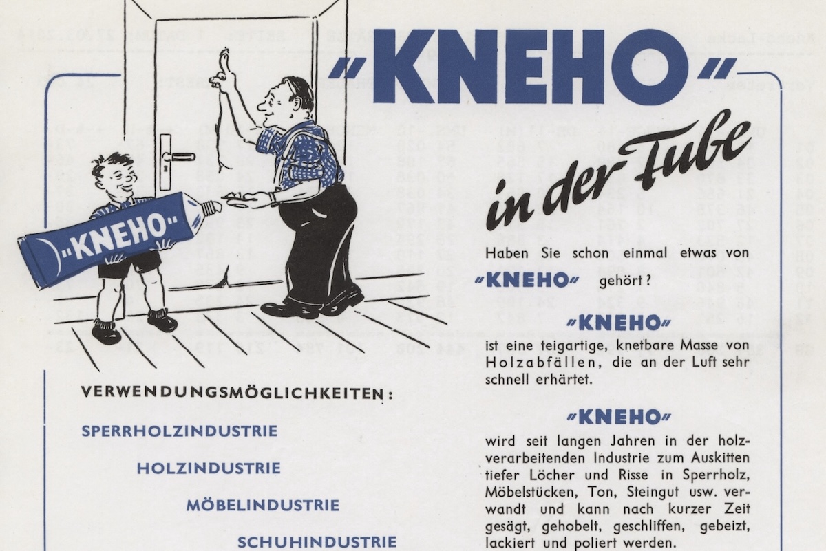 Das erste Produkt: Knetbares Holz, kurz: KNEHO. Mit dieser Annonce warb das Unternehmen f&uuml;r seinen Holzkitt, mit dem sich Kratzer, Macken oder Risse in vielen Holzoberfl&auml;chen, T&uuml;r- und Fensterrahmen reparieren und ausbessern lie&szlig;en. Archivfoto: KNEHO-LACKE