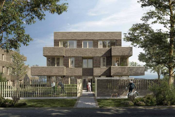 Moderne Architektur, gro&szlig;e Fenster und gr&uuml;ne Au&szlig;enanlagen pr&auml;gen den Bredeney Park. Visualisierung: K&Ouml;GEL Bau
